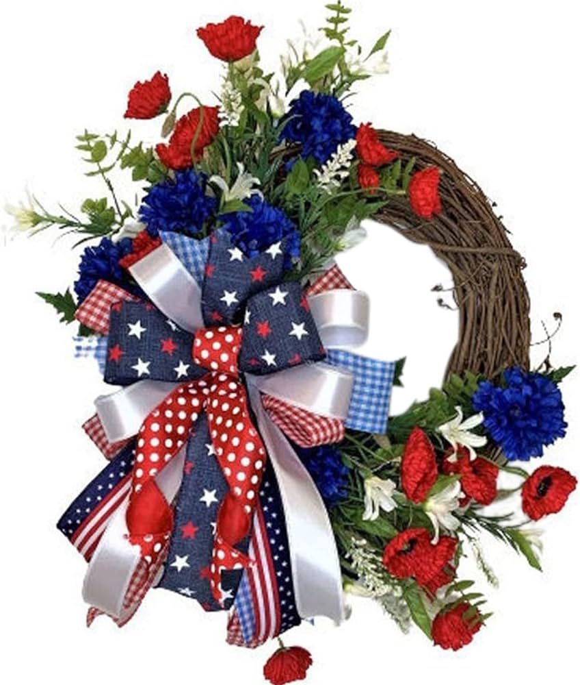 4th of July Patriotic Wreaths for Front Door Artificial Red White and Blue Wreath American Flag W... | Amazon (US)