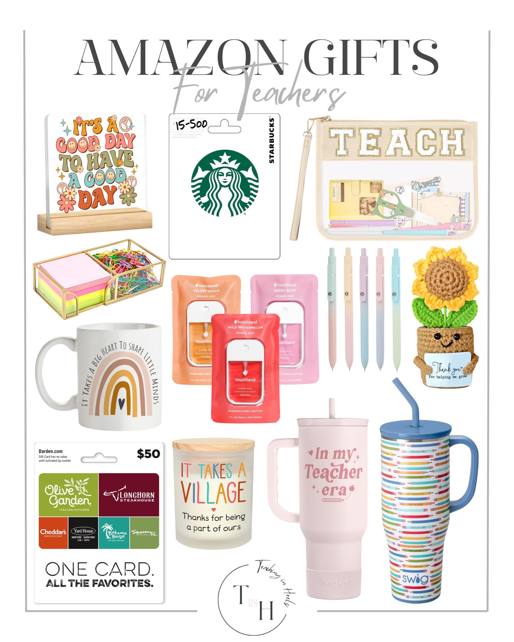 Amazon Gifts for Teachers

teacher tote bag
insulated coffee tumbler
desk organizer
personalized notepad
classroom decor gift card
cozy blanket
hand cream set
cute sticky notes
snack box
starbucks gift card

#LTKGiftGuide #LTKStyleTip #LTKSeasonal