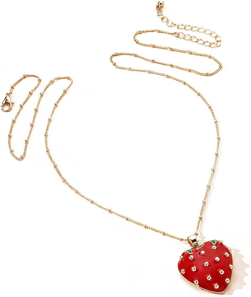 Enamel Red StrawBerry Pendant Necklace,Cute Summer Fruit Strawberry Drops Oil Clavicle Necklace J... | Amazon (US)