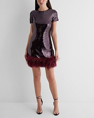 Sequin Crew Neck Feather Hem Mini Dress | Express