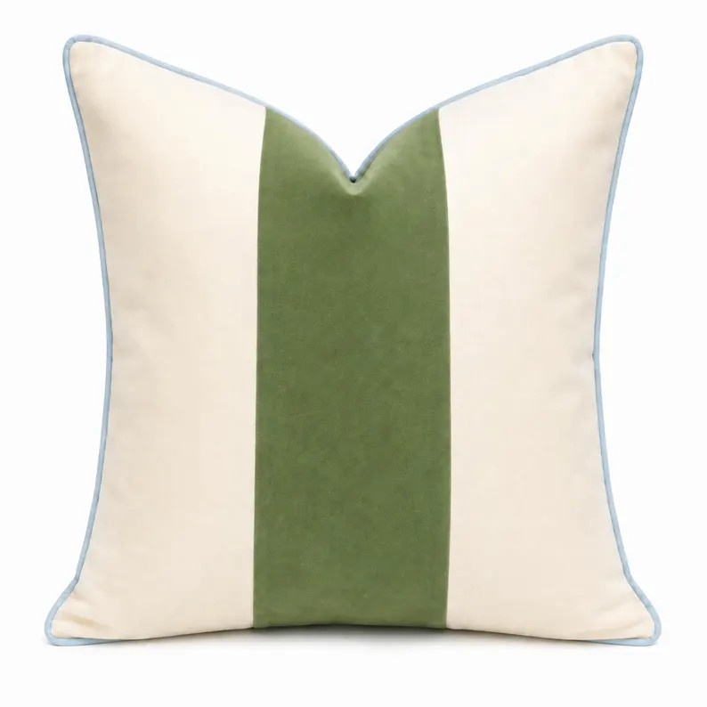 Moss Green Velvet Pillow Cover | Cream Velvet Color Block Pillow | Light Blue Piping | Designer T... | Etsy (Global)