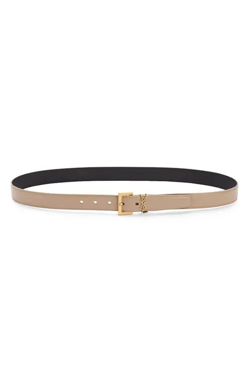 Saint Laurent Laque YSL Monogram Leather Belt in Dark Beige at Nordstrom, Size 100 | Nordstrom