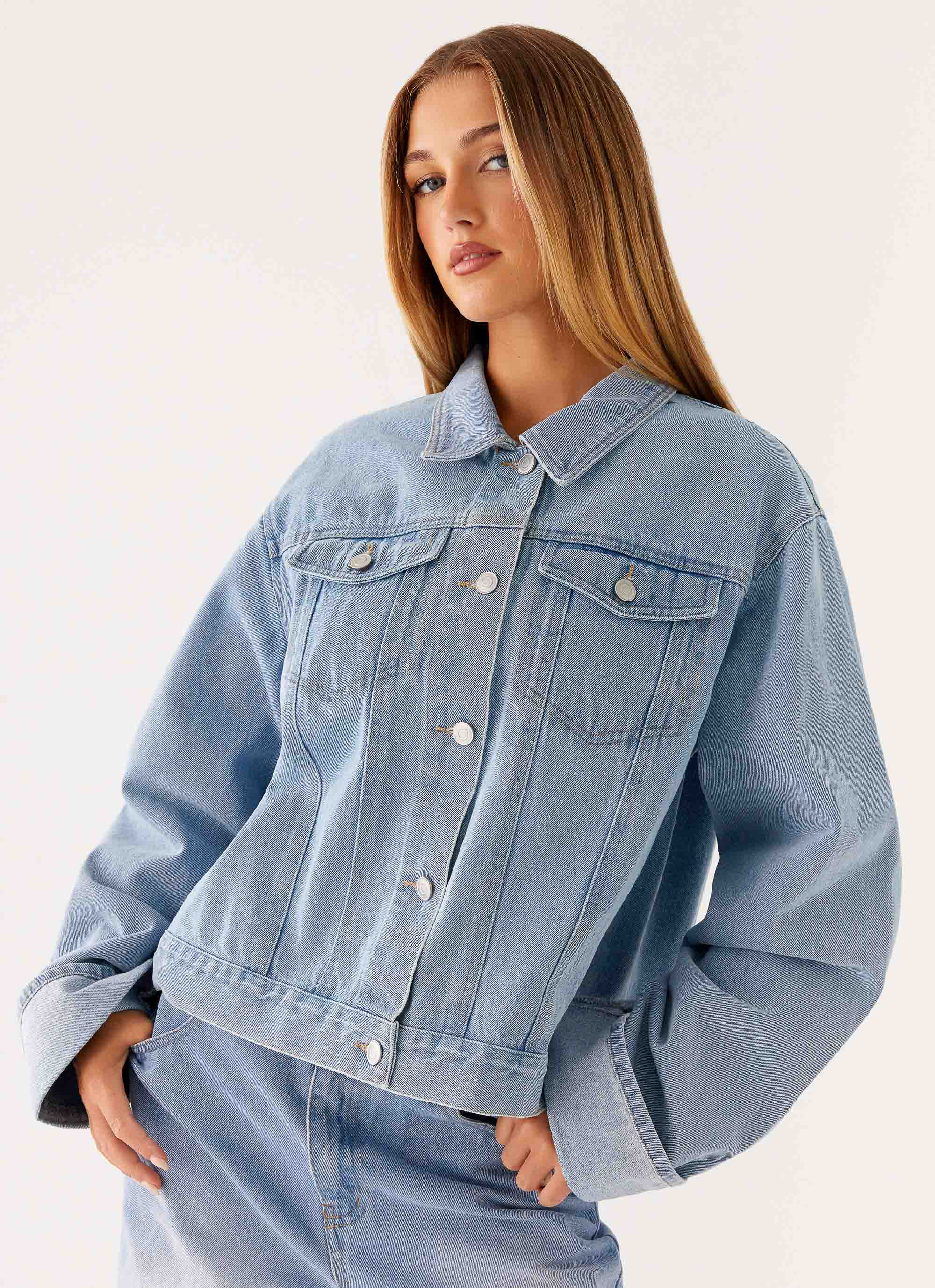 Back Again Oversized Denim Jacket - Light Wash Blue | Peppermayo (Global)