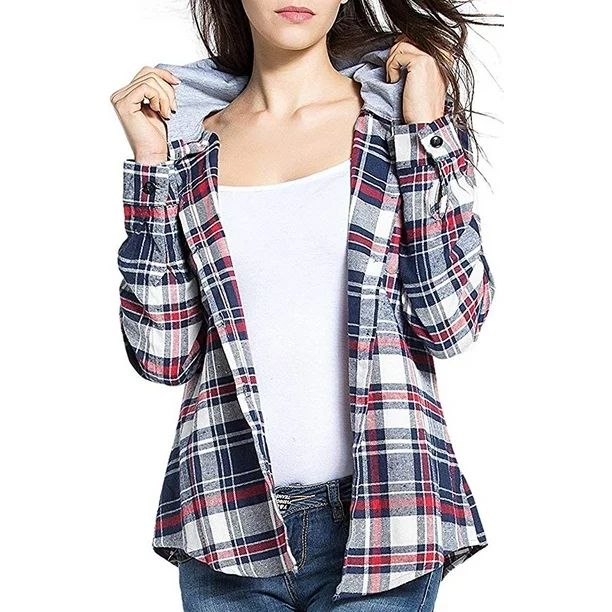 Women's Classic Plaid Cotton Hoodie Button-up Flannel Shirts | Walmart (US)