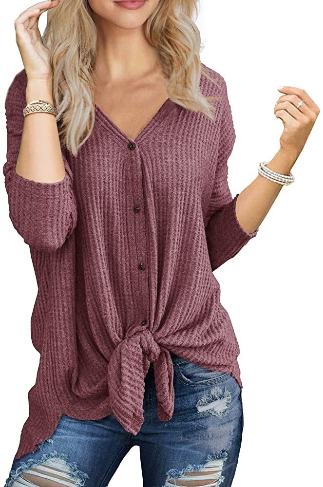 IWOLLENCE Womens Waffle Knit Tunic Blouse Tie Knot Henley Tops Loose Fitting Bat Wing Plain Shirt... | Amazon (US)