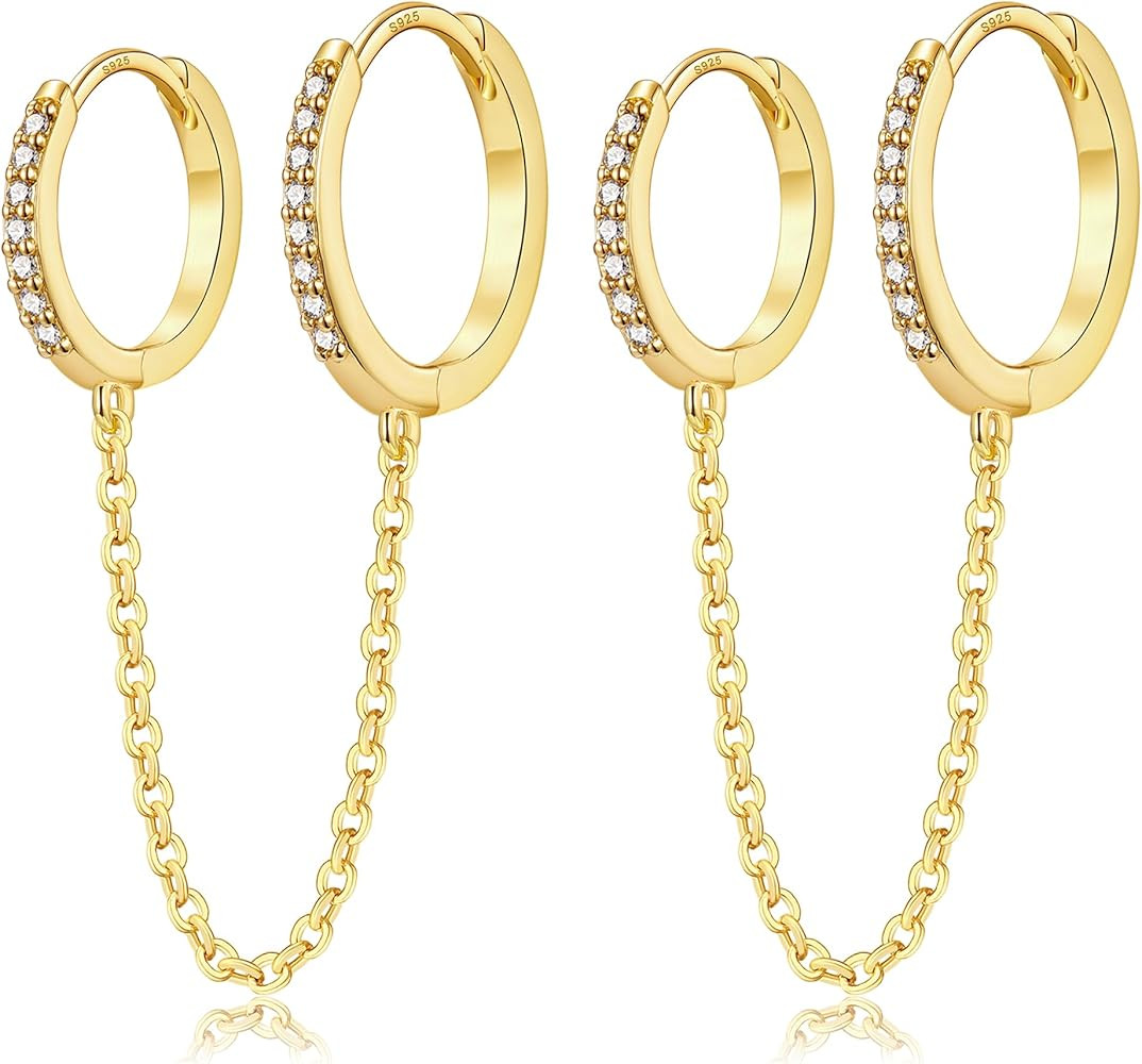 CERSLIMO Small Huggie Hoop Earrings for Women, 14K Gold Plated Sterling Silver Post Chain Hoops H... | Amazon (US)
