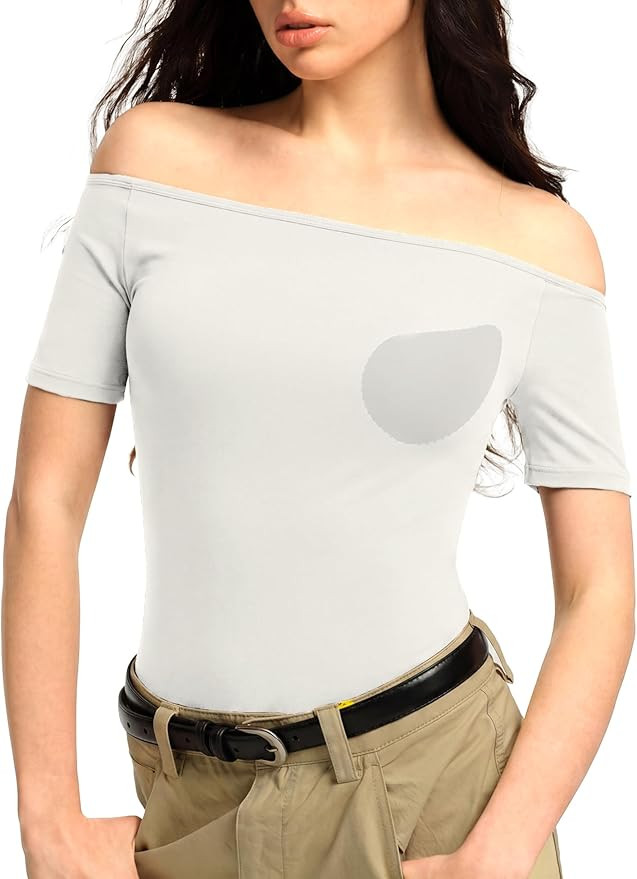 Off The Shoulder Tops for Women Built-in Bra Short Sleeve Shirts Seamless Stretch Summer Going Ou... | Amazon (US)