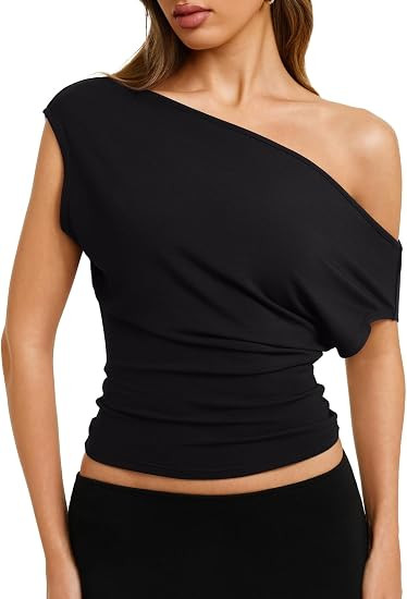 REORIA Womens Cinched Waist Off The Shoulder Tops Cap Sleeve Tee Shirts Casual Loose Summer Outfi... | Amazon (US)