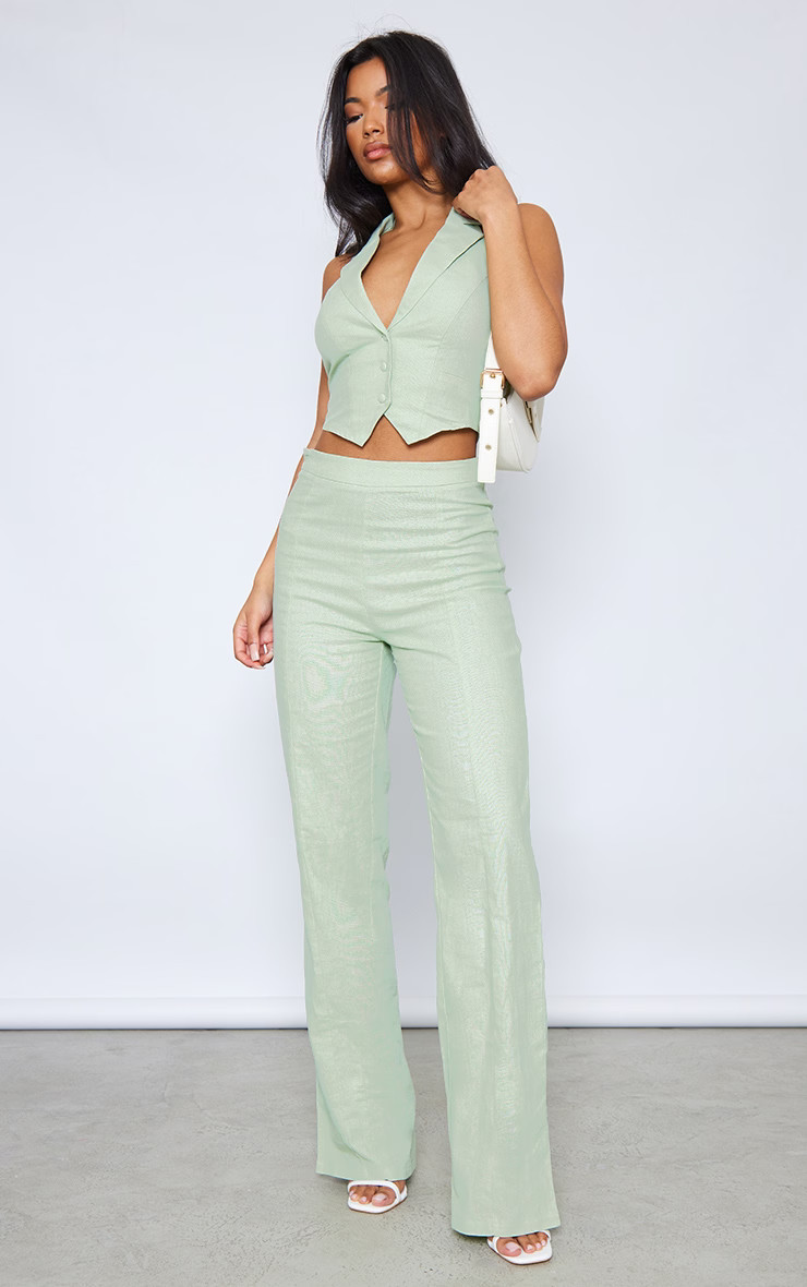 Sage Green Linen Look Straight Leg Trousers | PrettyLittleThing UK