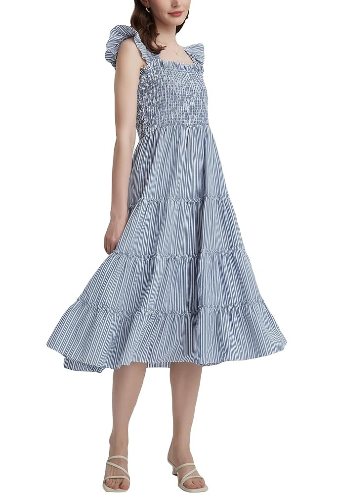 Ladyful Womens Summer Striped Midi Dress Square Neck Flowy Smocked Dress Casual Flutter Sleeve A-... | Amazon (US)