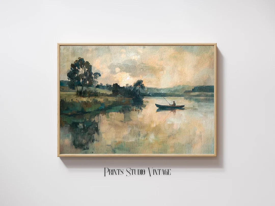Fisherman in Boat on Lake Art, Fishing Wall ART PRINT Vintage Oil Painting, Aesthetic Canvas Wall... | Etsy (US)