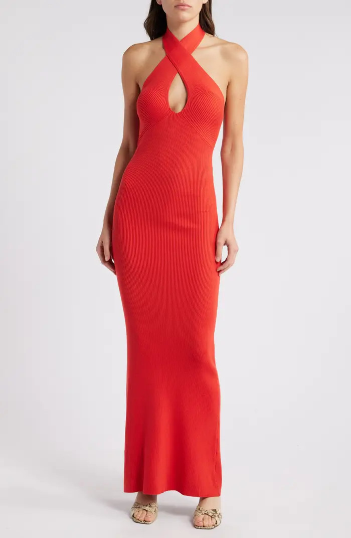 MANGO Shiffer Plunge Rib Halter Sweater Dress | Nordstrom | Nordstrom