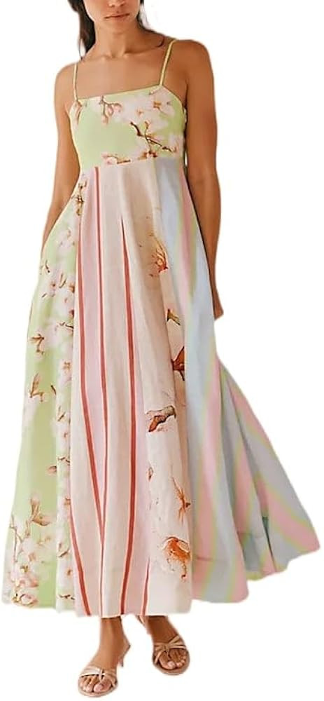 Women Boho Colorful Spaghetti Strap Dress Summer Vacation Beach Long Sun Dress RIC Rac Floral Flo... | Amazon (US)