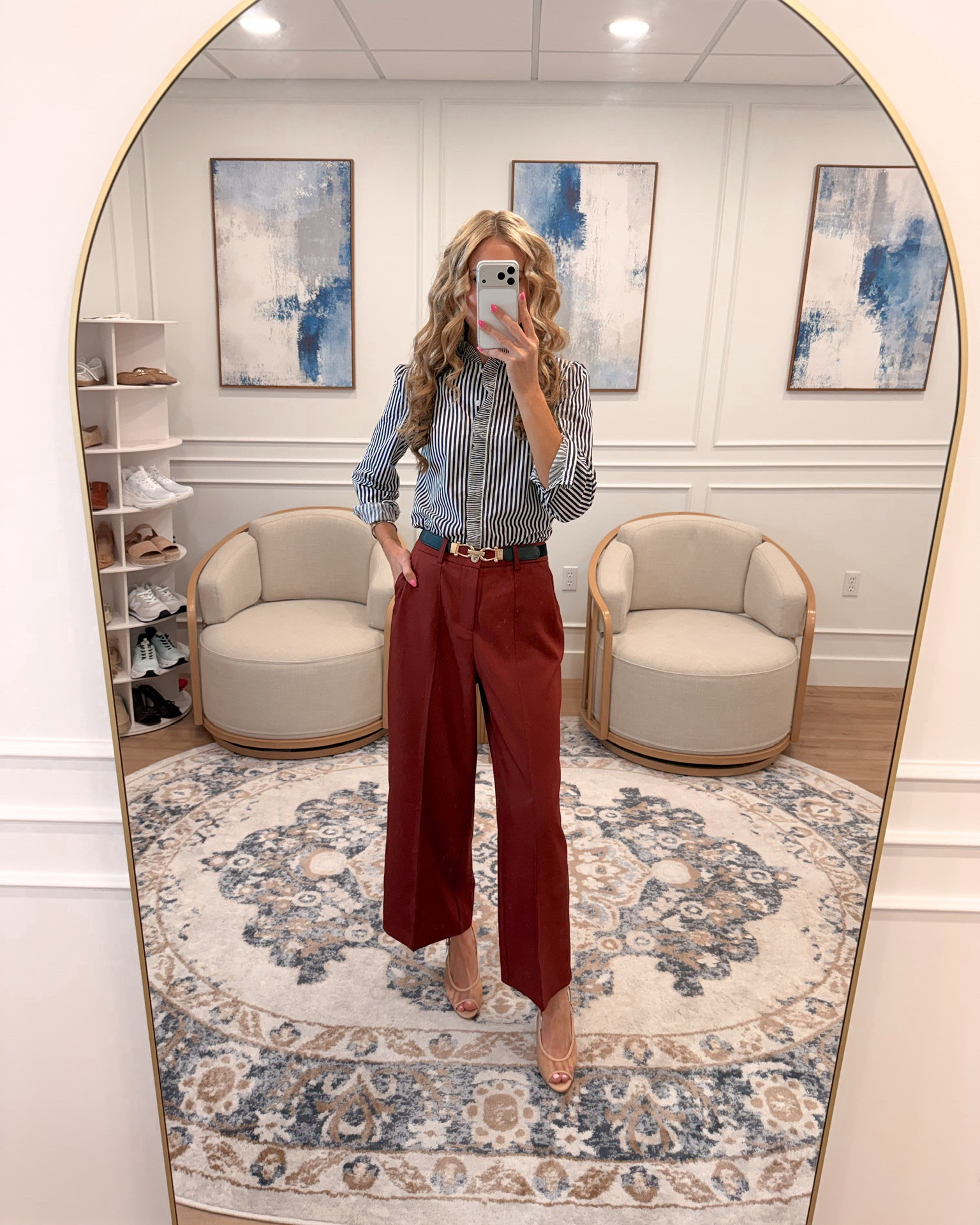 this striped ruffle blouse from Amazon is becoming my most-worn top this season — styled it two ways here: with these rust trousers + a skinny belt for something a little more polished, and with cream trousers + a slouchy brown bag for an easier everyday look

true to size, 5'9" for reference

#LTKWorkwear #LTKootd #LTKTall