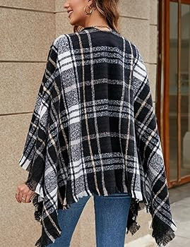 VIMPUNEC Women Boho Buffalo Plaid Poncho Pashmina Shawl Wrap Cape Sweater Knitting Cardigan with ... | Amazon (US)
