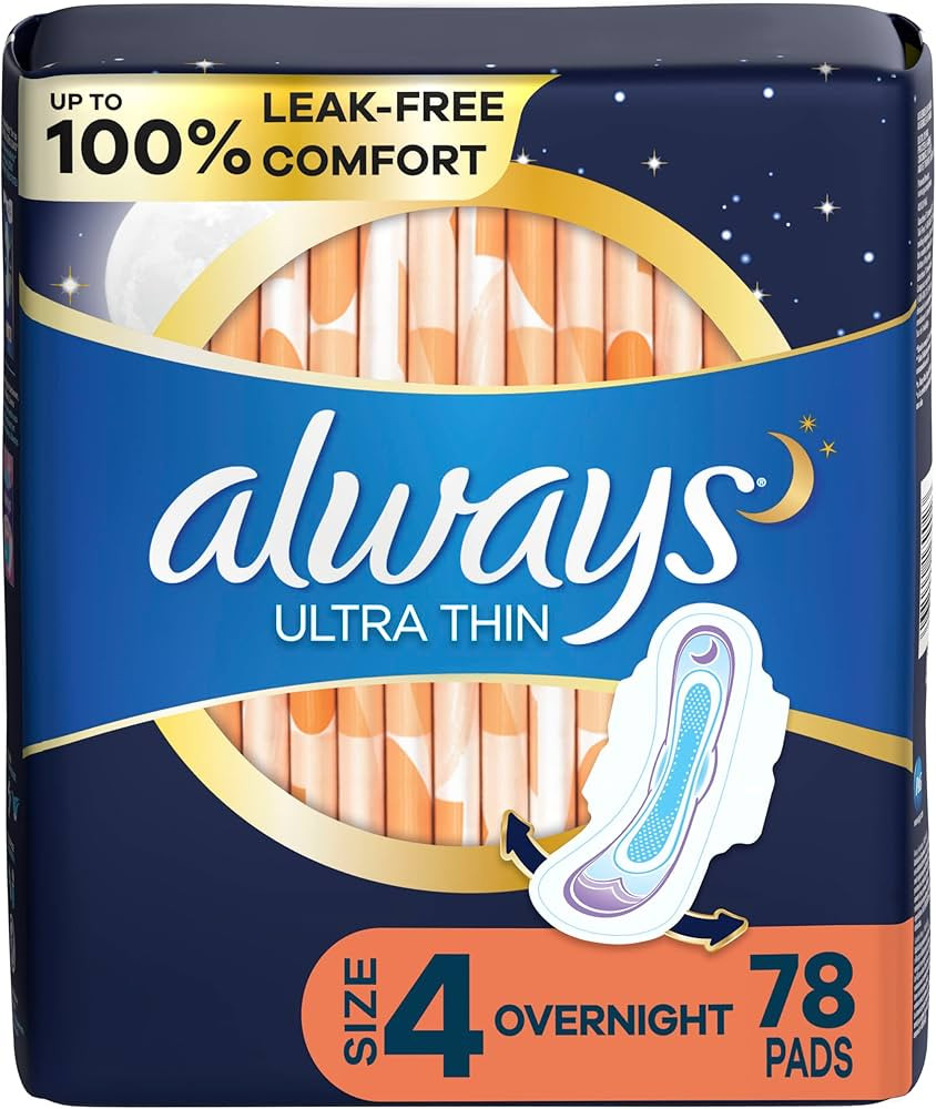Always Ultra Thin Feminine Pads with Wings for Women, Size 4, Overnight Absorbency, Unscented, 26... | Amazon (US)