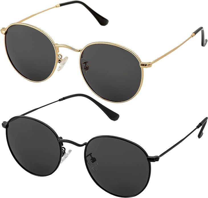 Small Round Polarized Sunglasses for Men Women Classic Circle Metal Frame Sun Glasses 2 Pack | Amazon (US)