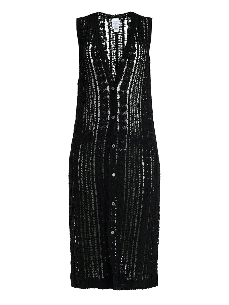 Time and Tru Women's Crochet Button Down Coverup, Size S/M, Black Soot | Walmart (US)