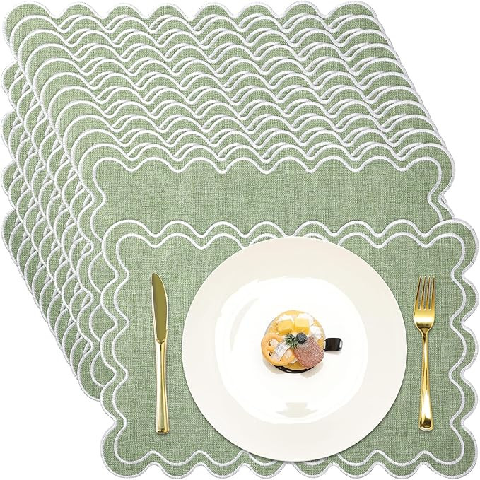 12 Set Linen Placemat 13x19 Wavy Embroidery Scalloped Placemat Double Layered Washable Farmhouse ... | Amazon (US)