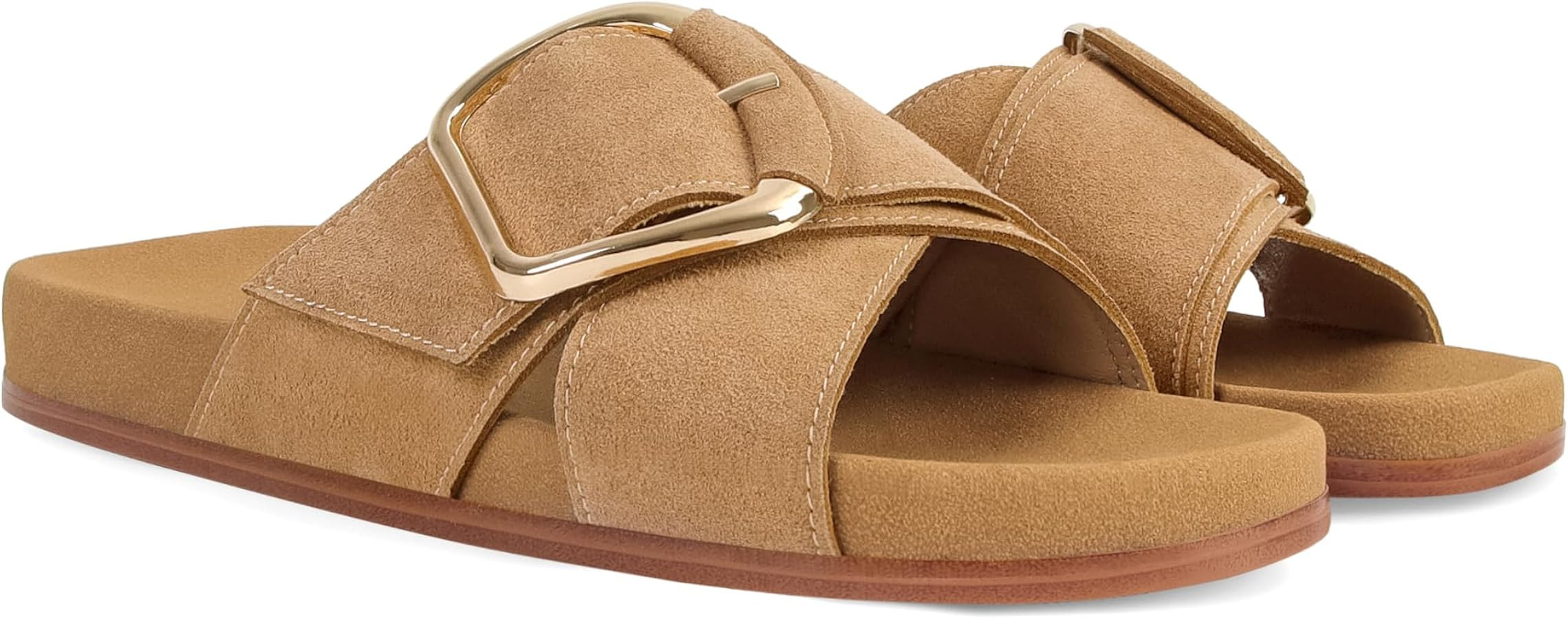 Flat Sandals for Women Comfortable Slide Sandals Summer Suede Leather Slides Vacation Beach Shoes | Amazon (US)