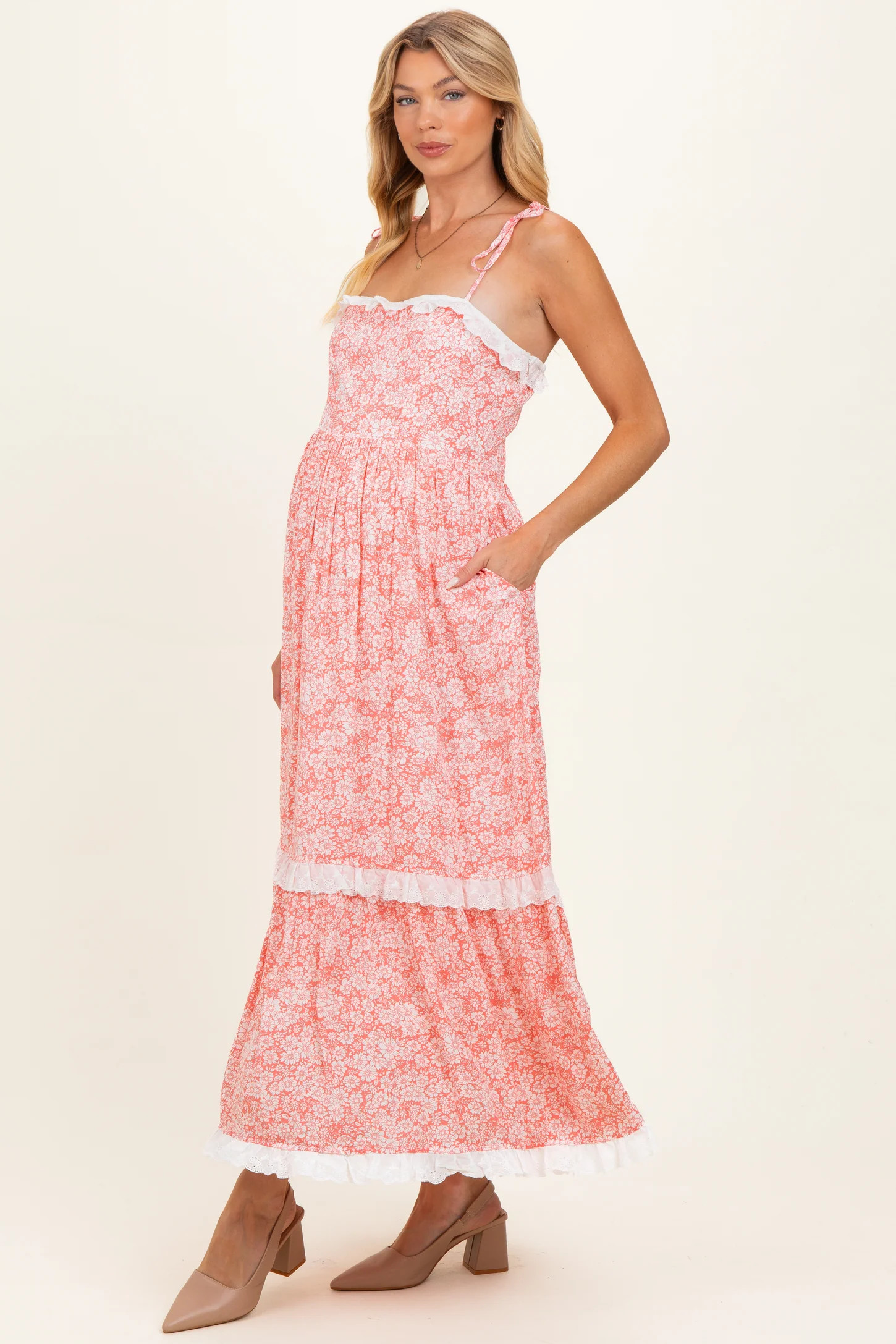 Candy Pink Floral Shoulder Tie Ruffle Detail Maternity Maxi Dress | PinkBlush Maternity