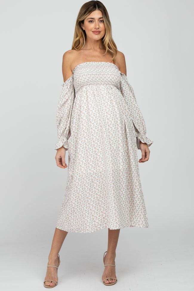 Peach Ditsy Floral Smocked Off Shoulder Maternity Dress | PinkBlush Maternity