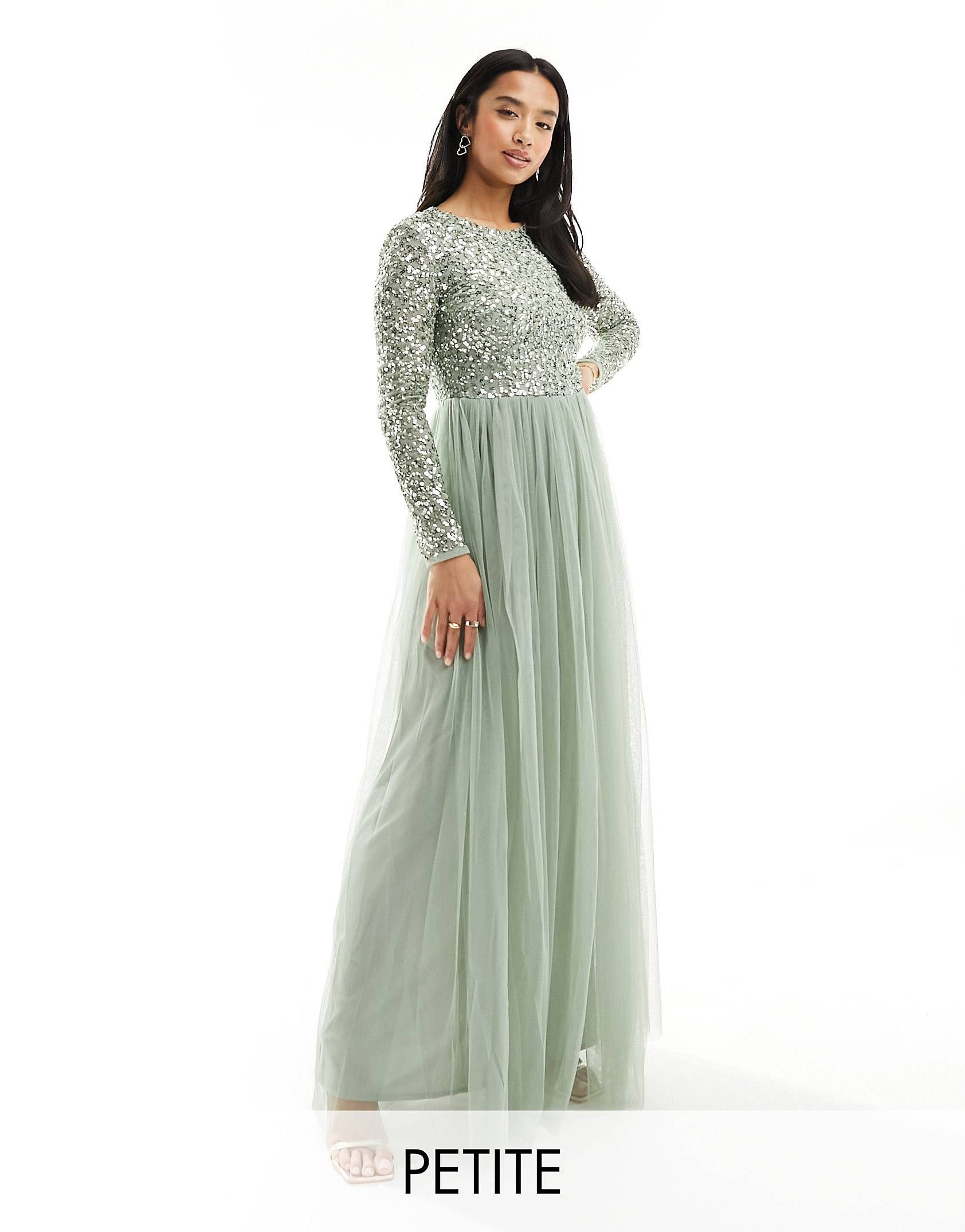 Maya Petite Bridesmaid long sleeve maxi dress with delicate sequin in sage green | ASOS | ASOS (Global)