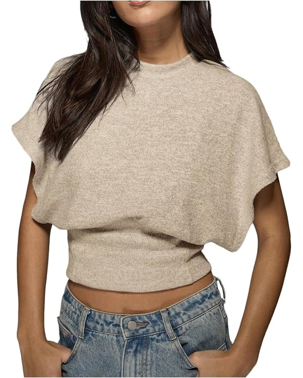 BEAUDRM Women's Casual Cinched Waist Tops Cap Sleeve Wrap Top Dolman Sleeve Cropped Spring Summer... | Amazon (US)