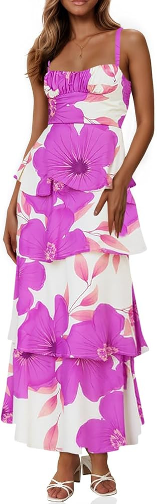 Fisoew Womens Floral Maxi Dresses Spaghetti Strap Casual Sleeveless Ruffle Flowy Tiered Dress | Amazon (US)