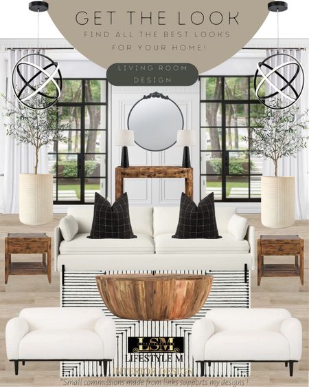 Living room design idea. Recreate the look with these wayfair home furniture and decor finds! Wood drum coffee table, wood end table, white accent chairs, white sofa, black throw pillows, living room stripped rug, white ceramic tree planter pot, faux fake tree, wood console table, black table lamp, black round mirror, living room chandelier, white curtains.

#LTKstyletip #LTKFind #LTKhome