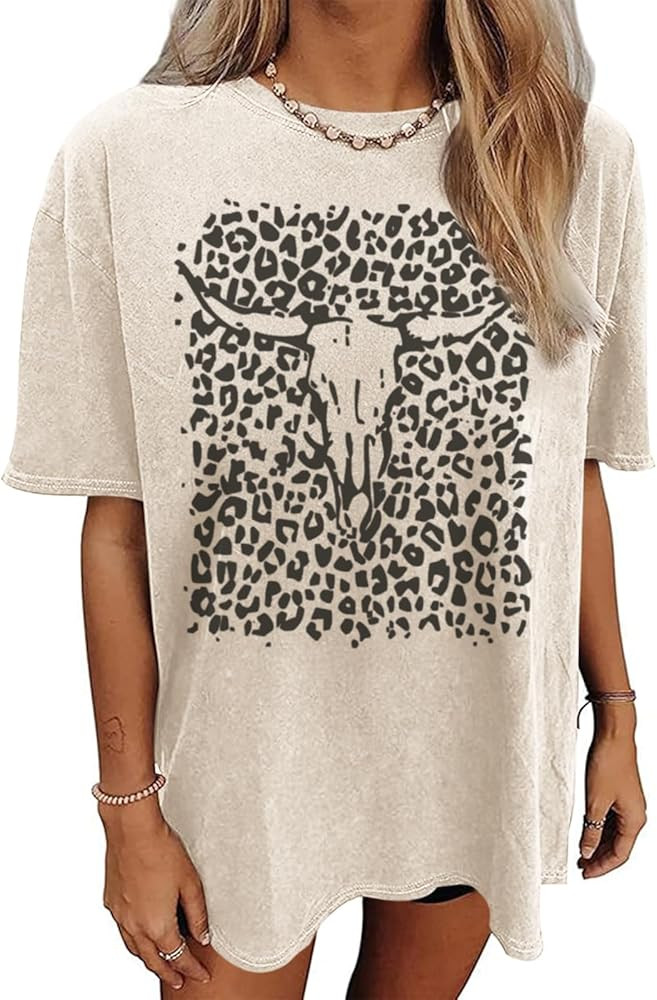 Western Cow Skull Shirts for Women Boho Cowgirl Shirt Vintage Acid Wash Tshirt Oversize Rodeo Gra... | Amazon (US)