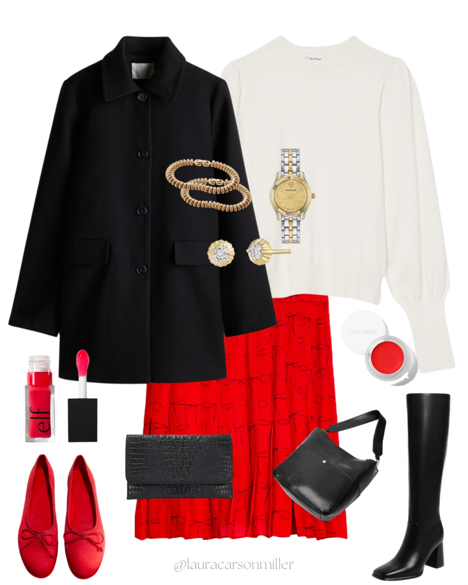 This pretty red skirt with bow details wears well with a cream sweater and classic black coat. Go with red flats and a black clutch or tall black boots and a black shoulder bag. 
Laura carson miller, clutch bag, red skirt, valentines outfit, red flats, ballet flats, black boots, work outfit, red lips, red blush, puff sleeve sweater, gold bracelets 

#LTKItBag #LTKFindsUnder50 #LTKFindsUnder100