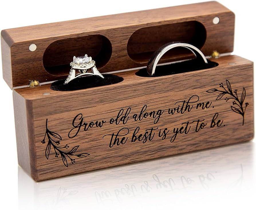 MUUJEE Double Ring Box - Engraved Slim Wooden Ring Case Box for Wedding Ceremony Engagement Propo... | Amazon (US)