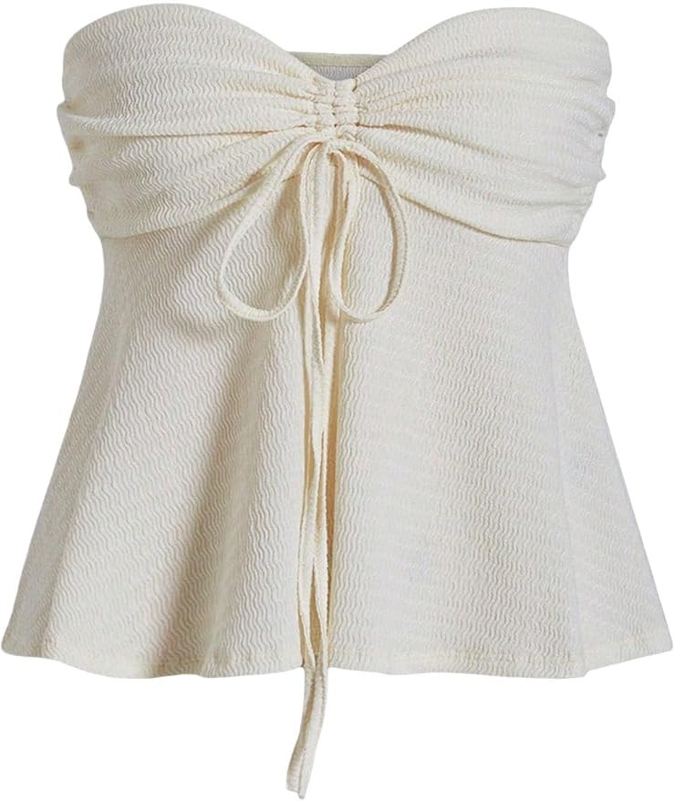Milumia Women Tie Front Ruched Tube Top Summer Strapless Flared Hem Peplum Bandeau Tops | Amazon (US)