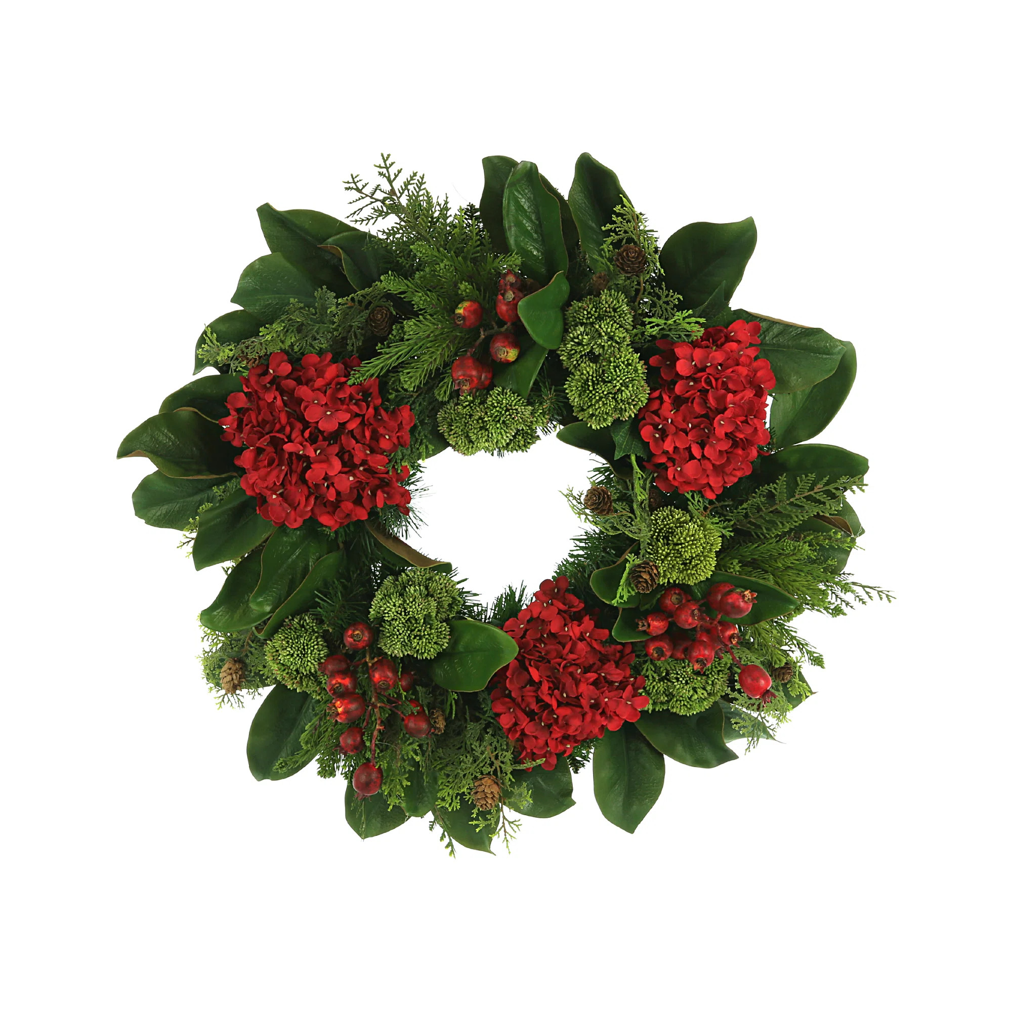 26" Hydrangea Holiday Wreath With Magnolia Leaves And Berries | Perigold
