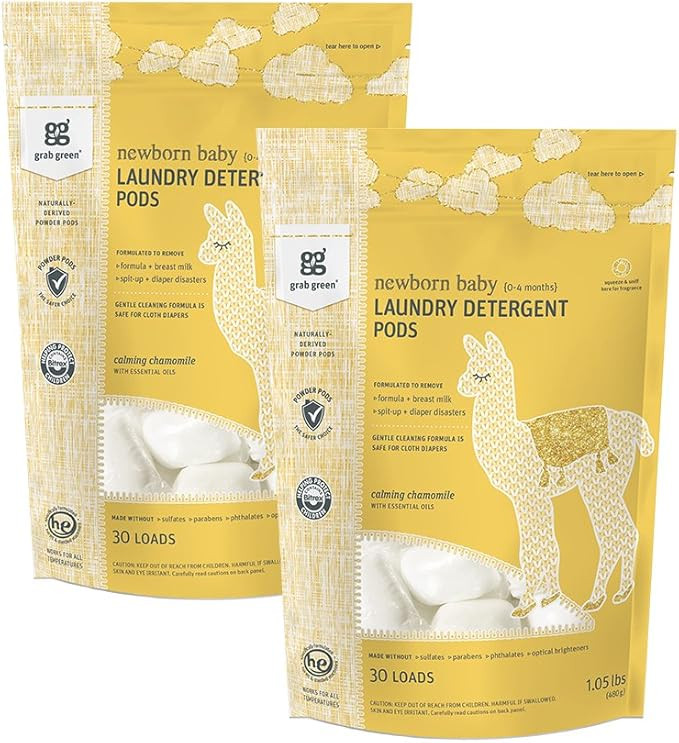 Grab Green (Stage 1; 0-4 Months) Natural Newborn Baby Laundry Detergent Pods, Organic Enzyme-Powe... | Amazon (US)