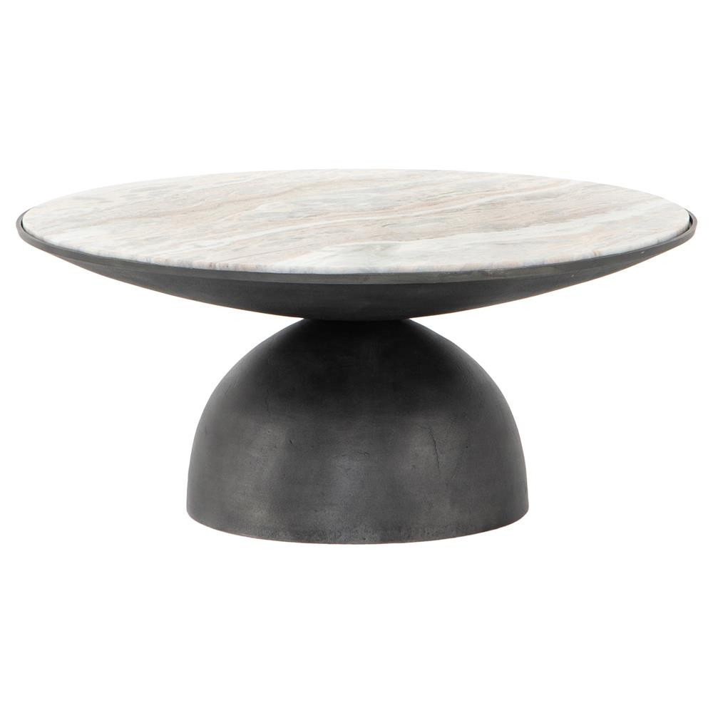 Malia Industrial Loft Beige Marble Top Aluminum Round Coffee Table | Kathy Kuo Home