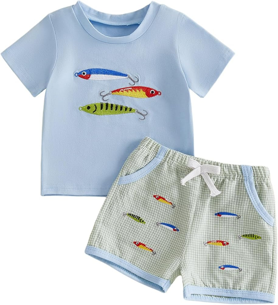Bagilaanoe Toddler Baby Boy Summer Outfit Fish-themed Print Crew Neck Short Sleeve Tops and Short... | Amazon (US)