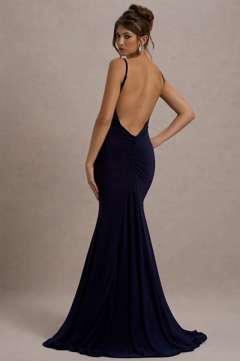 Adele | Navy Backless Ruched Fishtail Cami Maxi Dress | Club L London