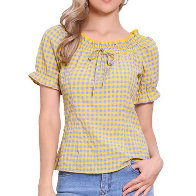INSPIRE CHIC Women's Peasant Round Neck Ruffles Puff Sleeve Gingham Plaid Blouse X-Small Purple Yellow | Target
