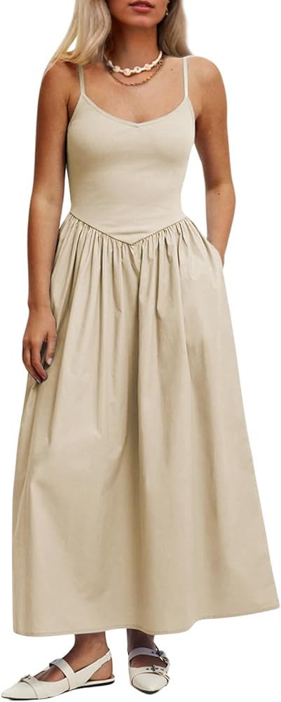 Mieazom Women\u2019s Sleeveless V-Neck Maxi Dress with Pockets \u2013 Slim Fit Casual Summer Spag... | Amazon (US)