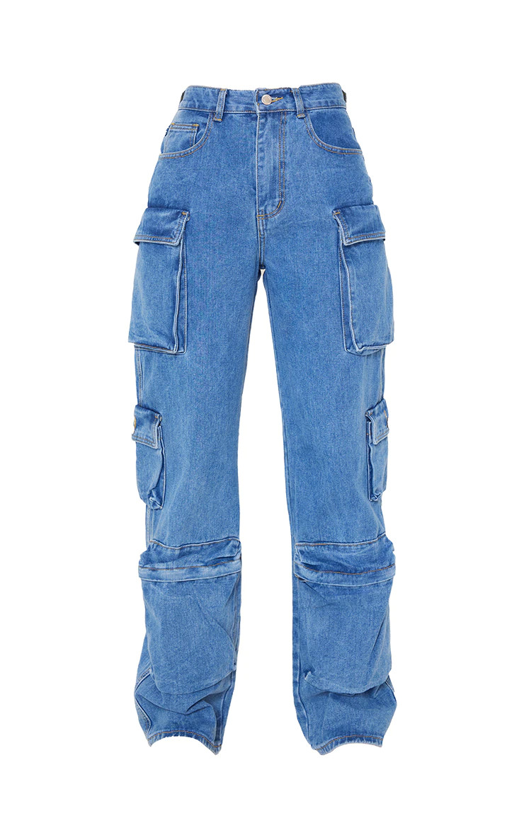 Mid Blue Wash Cargo Pocket Detail Wide Leg Jeans | PrettyLittleThing US