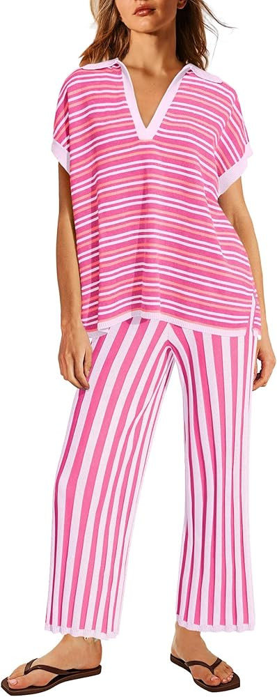ReachMe Womens Summer Lounge Sets 2 Piece Travel Outfits Striped Pajamas Short Sleeve Shirts and ... | Amazon (US)