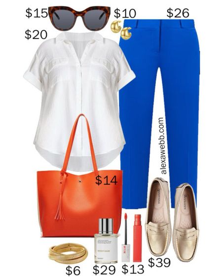 Plus Size on a Budget – Spring Work Outfit 2 - A plus size business casual outfit idea for spring into summer. A white camp shirt is paired with bright cobalt blue pants. Gold loafers and an orange tote bag complete the look. All on a budget! Alexa Webb

#LTKplussize #LTKstyletip #LTKfindsunder50