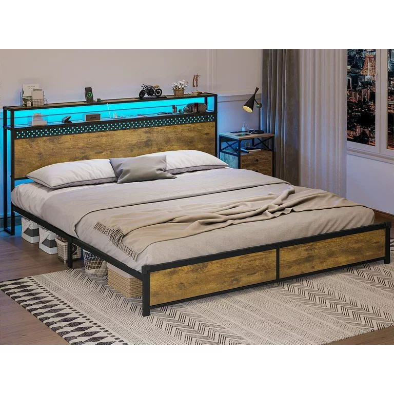 ADORNEVE LED King Bed Frame with Outlets and USB Ports, Metal Platform Bed with 2-Tier Storage He... | Walmart (US)
