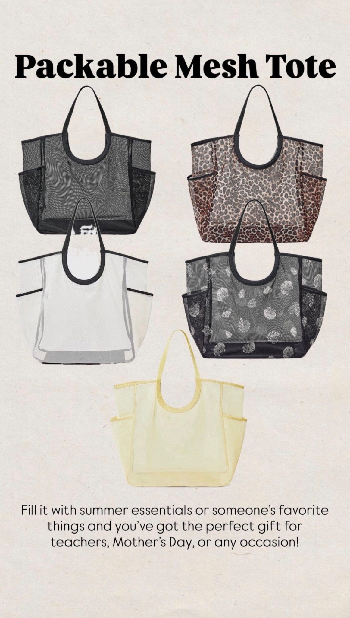 Packable mesh tote
Mother’s Day gift
Mesh tote bag
Beach bag
Teacher appreciation gift

