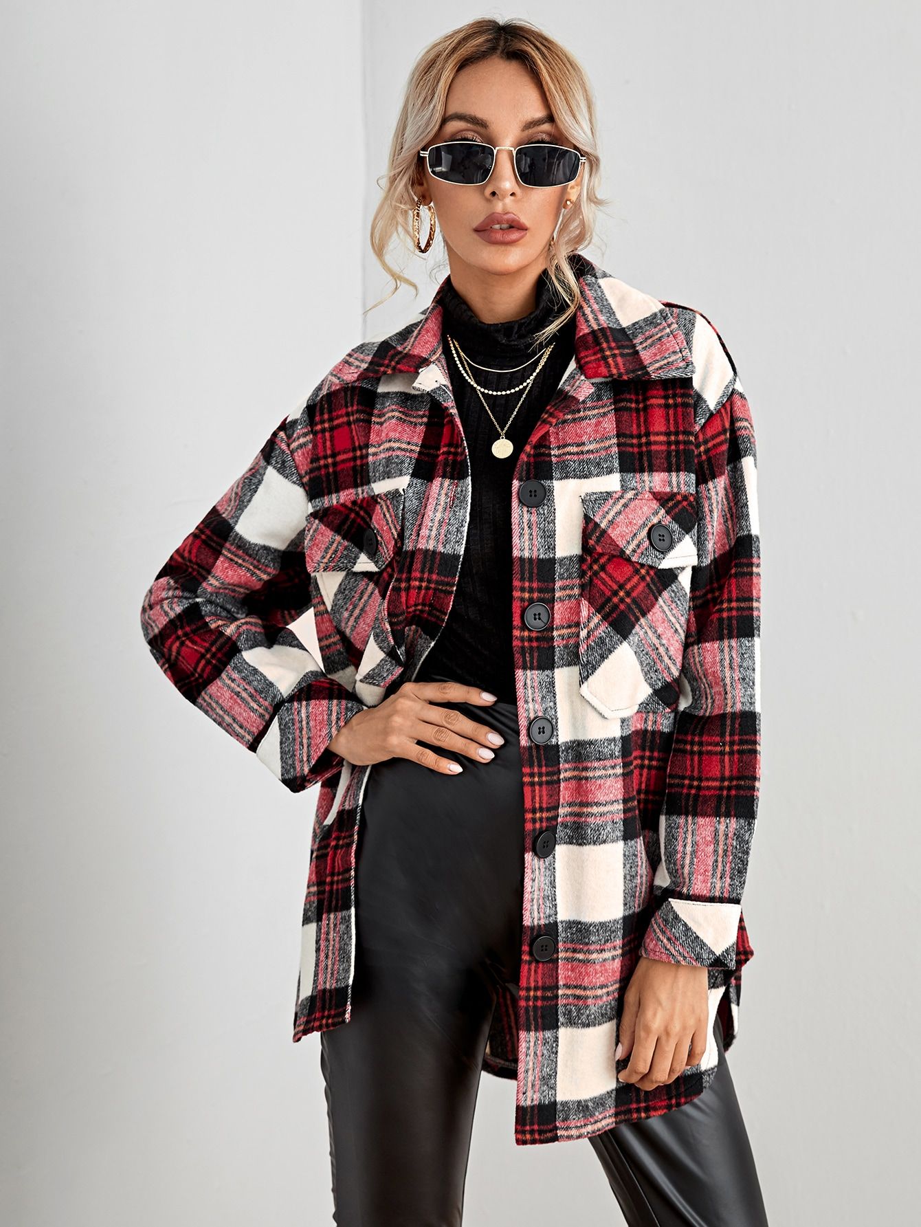 Plaid Flap Pocket Button Front Coat | SHEIN