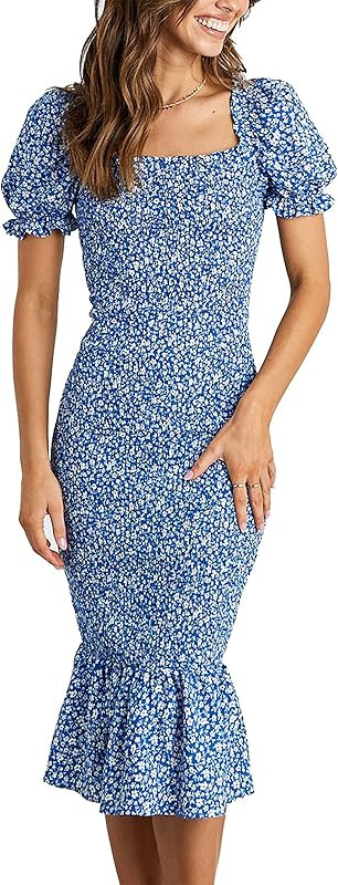 PRETTYGARDEN Women's Summer Floral Midi Bodycon Dresses Short Puff Sleeve Square Neck Ruffle Hem ... | Amazon (US)