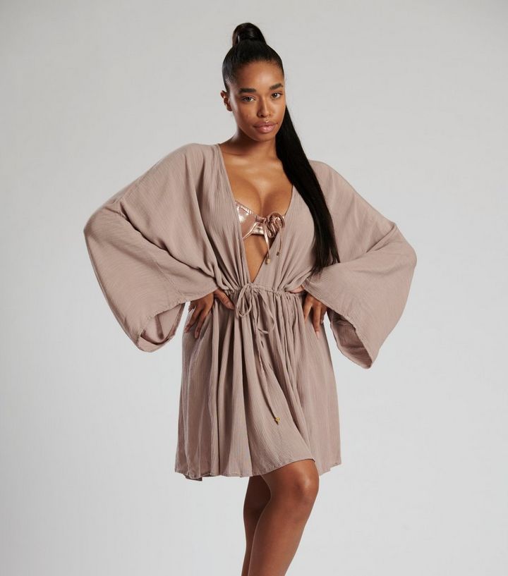 South Beach Light Brown Crinkle Plunge Neck Beach Dress
						
						Add to Saved Items
						Rem... | New Look (UK)