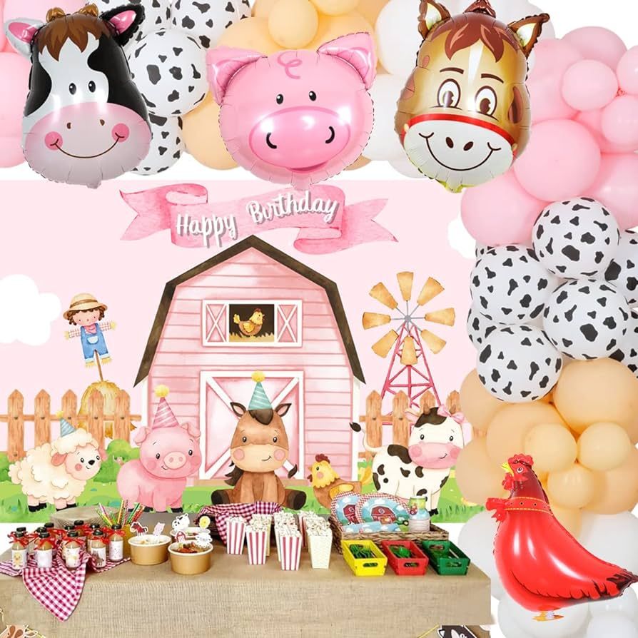 Farm Animal Birthday Party Decorations for Girls, Cow Print Pink Balloon Garland Arch Kit, Farmho... | Amazon (US)